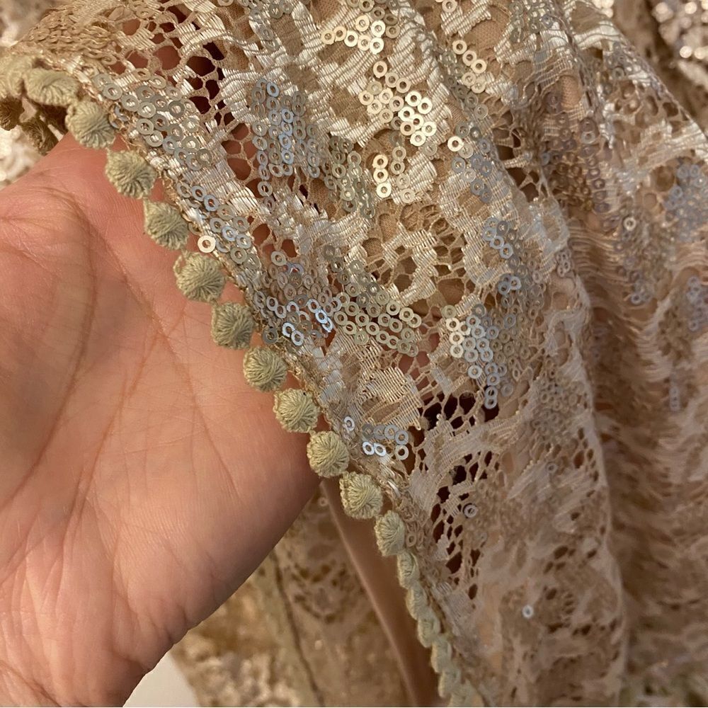 C. Luce Gold champagne all over Sequins formal Dress v neck cap sleeve NYE L - Picture 10 of 15
